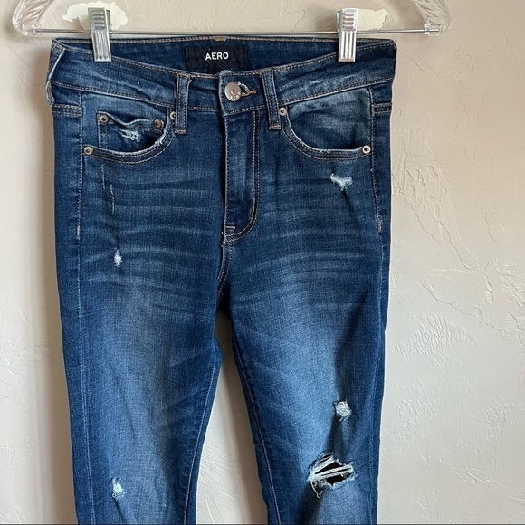 Aero High Rise Dark Wash Distressed Skinny Denim Jeans - Picture 2 of 7